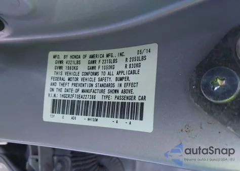 2014 Honda Accord Ex из США, поврежденный, VIN 1HGCR2F70EA227386